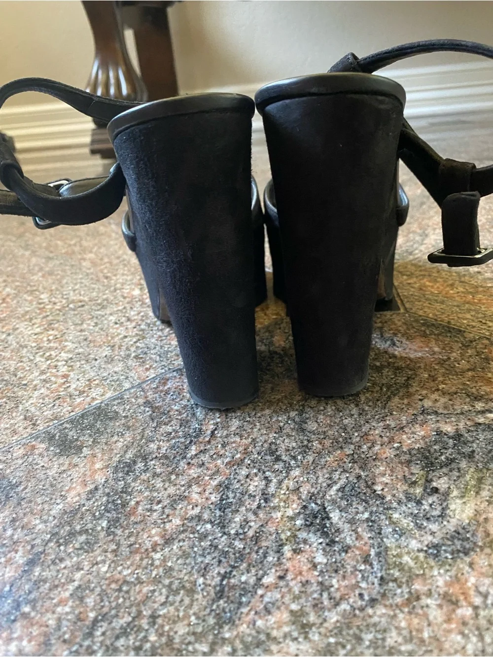 L Silla Black Suede Platform Block Heel Sandals, Size 8